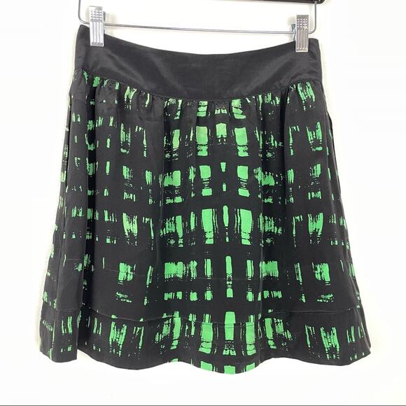 Myne | 100% Silk Mini Skirt Green Black Pockets Abstract Two Layers - Picture 1 of 8